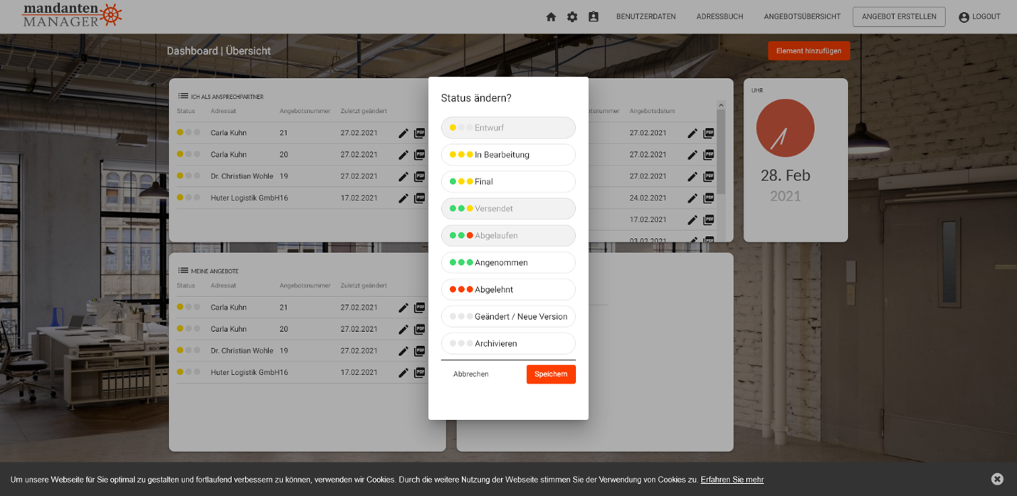 Screenshot Dashboard Statuspflege von Dokumenten